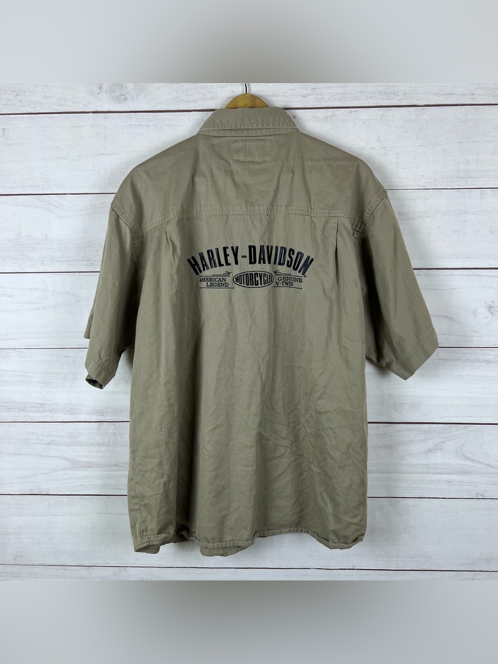 Harley Davidson Mens Button Up Short Sleeve Shirt Shop Mechanic Tan/Brown Sz XL